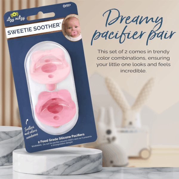 Silicone Pacifiers for Newborn - Sweetie Soother Pacifiers Feature Collapsible Handle & Two Air Holes for Added Safety; for Ages Newborn and Up, Set of 2 in Light Pink & Dark Pink - Image 6
