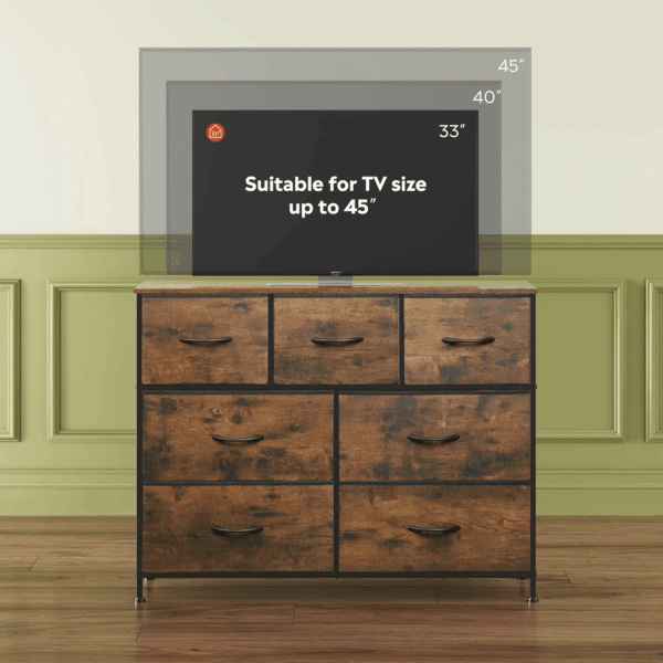 7 Drawer Dresser TV Stand, Entertainment Center, Media Console Table with Metal Frame and Wood Top for TV up to 45 Inch, Chest of Drawers for Bedroom, Living Room, Rustic Brown Wood Grain Print - Image 6
