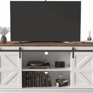 TV Stand for 65 Inch TV, Entertainment Center with Storage Cabinets and Sliding Barn Doors, Mid Century Modern Media TV Console Table for Living Room Bedroom (Bright White)