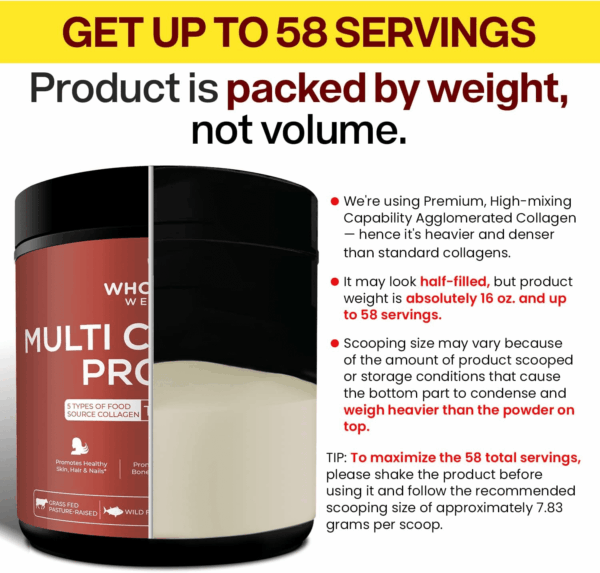 Multi Collagen Protein Powder Hydrolyzed (Type I II III V X) Grass-Fed All-In-One Super Bone Broth + Peptides - Premium Blend of Beef, Chicken, Wild Fish, Eggshell, 58 Servings - Image 9