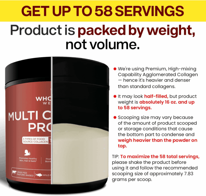 Multi Collagen Protein Powder Hydrolyzed (Type I II III V X) Grass-Fed All-In-One Super Bone Broth + Peptides - Premium Blend of Beef, Chicken, Wild Fish, Eggshell, 58 Servings - Image 9