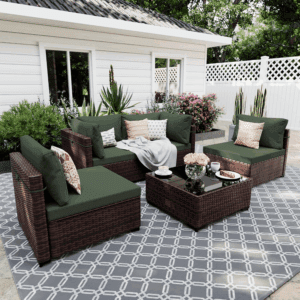 5 Pieces Patio Furniture Sets Outdoor Sectional Sofa Wicker Conversation Couch for Decks, Backyards, Gardens, Brown Rattan, Pine Green Cushion