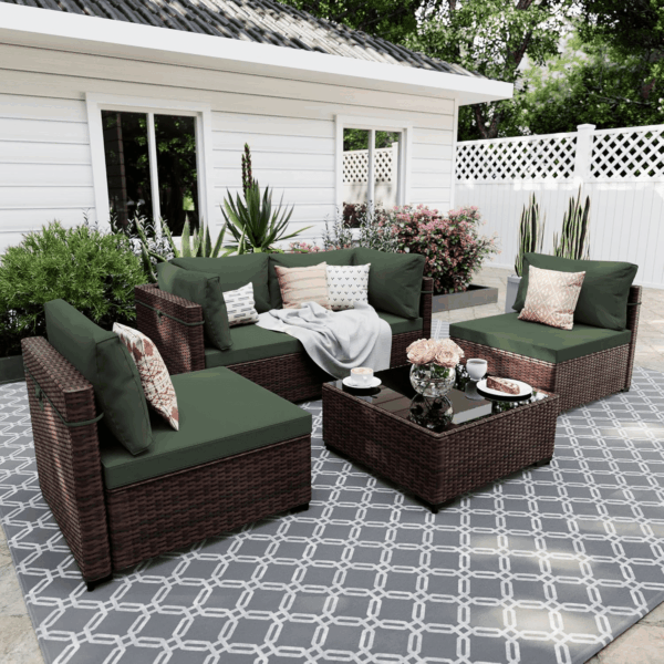 5 Pieces Patio Furniture Sets Outdoor Sectional Sofa Wicker Conversation Couch for Decks, Backyards, Gardens, Brown Rattan, Pine Green Cushion