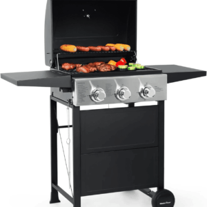 3 Burner BBQ Propane Gas Grill, Stainless Steel 30,000 BTU Patio Garden Barbecue Grill with Two Foldable Shelves