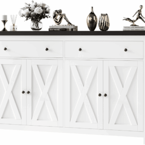 Sideboard Buffet with Storage, 55" Large Kitchen Cabinet with 2 Drawers and 4 Doors, Wood Coffee Bar Cabinet Buffet Table for Kitchen Dining Room, White and Black