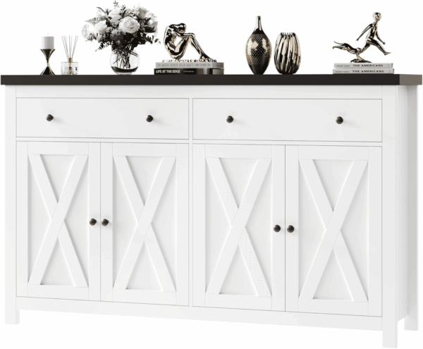 Sideboard Buffet with Storage, 55" Large Kitchen Cabinet with 2 Drawers and 4 Doors, Wood Coffee Bar Cabinet Buffet Table for Kitchen Dining Room, White and Black