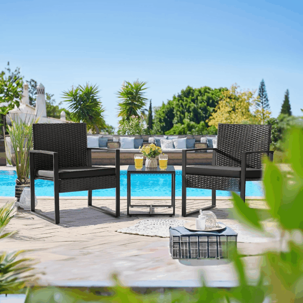 3 Pieces Patio Set Outdoor Wicker Furniture Sets Modern Rattan Chair Conversation Sets with Coffee Table for Yard and Bistro (Black) - Image 6