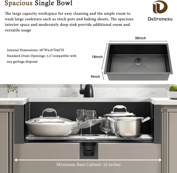 30 Inch Black Undermount Kitchen Sink -  Single Bowl Kitchen Sinks, 16 Gauge Stainless Steel Kitchen Sink Black with 4 Accessories, 30"X18"X9", Modern Design - Image 3