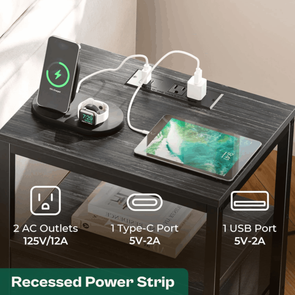 Nightstand with Charging Station, Fabric Drawers, End Table with Open Shelf, Bedside Table with USB Ports and Outlets, Night Stand for Bedroom, Charcoal Black Wood Grain Print - Image 3