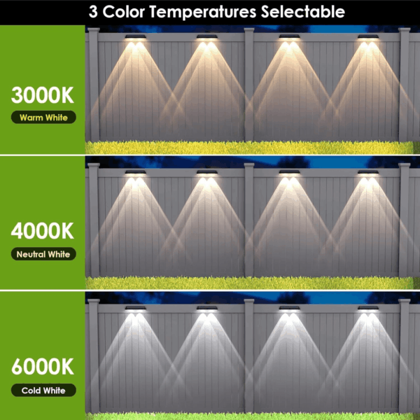 Solar Fence Lights Outdoor - 2700/4000/6000K 3 Mode, IP65 Waterproof Fence Solar Lights Outdoor, Fence Light Solar Powered for Outside, Backyard/Railing/Step/Patio/Stair Railings and Wall (8 Pack) - Image 4