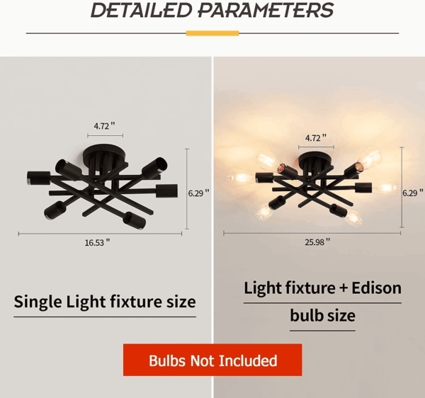 Semi Flush Mount Modern Ceiling Light Fixture， 6 Lights Black Vintage Matte Sputnik Chandelier Ceiling Lamp with E26 Bulb Base for Farmhouse Dining Room Living Room Bedroom Study Kitchen - Image 4