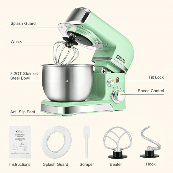 Stand Mixer,3.2Qt Mini Electric Food Mixer,6 Speeds Portable Lightweight Kitchen Mixer for Daily Use with Egg Whisk,Dough Hook,Flat Beater (Green) - Image 3