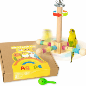 Bird Perch Toy, Parrot 360° Interactive Rotating Toy, Bird Cage Accessories for Small and Medium Parrots to Expend Energy, Wooden Stand for Parakeets Cockatiels Lovebirds Conures Finches Budgies