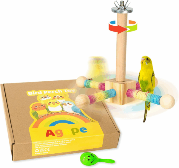 Bird Perch Toy, Parrot 360° Interactive Rotating Toy, Bird Cage Accessories for Small and Medium Parrots to Expend Energy, Wooden Stand for Parakeets Cockatiels Lovebirds Conures Finches Budgies