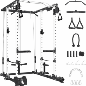 Power Cage, 2000 LBS Power Rack with Cable Cross-Over System, Multi-Functional Strength Training Squat Rack with LAT Pull down System, Home Gym Equipment with Training Attachment, White