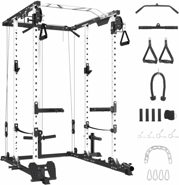 Power Cage, 2000 LBS Power Rack with Cable Cross-Over System, Multi-Functional Strength Training Squat Rack with LAT Pull down System, Home Gym Equipment with Training Attachment, White