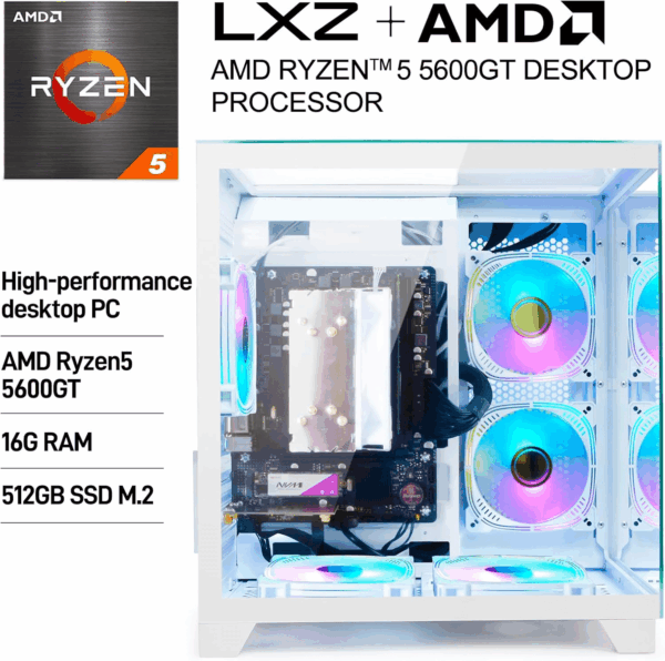 Desktop PC Computer AMD Ryzen 5 5600GT 6 Core 3.6Ghz, 16G DDR4 RAM, 512G NVME SSD, Tower Computer for Home and Office (White) - Image 2