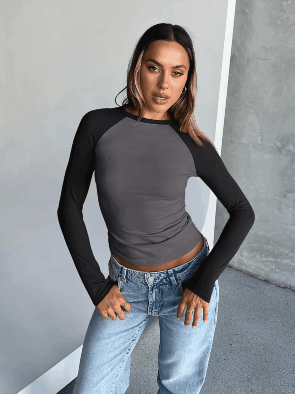 Women'S Long Sleeve Shirts Slim Fit Stretchy Color Block Slightly Cropped Tops - Image 5