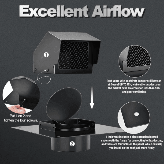 4 Inch Roof Vent Cap, Heavy Duty Galvanized Steel Removable Roof Exhaust Vents for Houses, Home Ventilation System with Damper, Black - Image 3