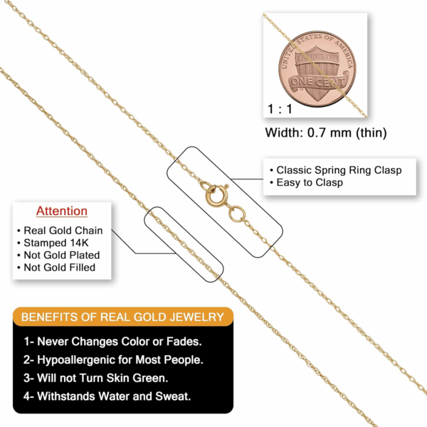 Real 14K Yellow Gold Rope Chain Pendant Necklace for Women (0.7 Mm, 0.9 Mm, 1 Mm, 1.3 Mm, or 1.5 Mm) - Image 2