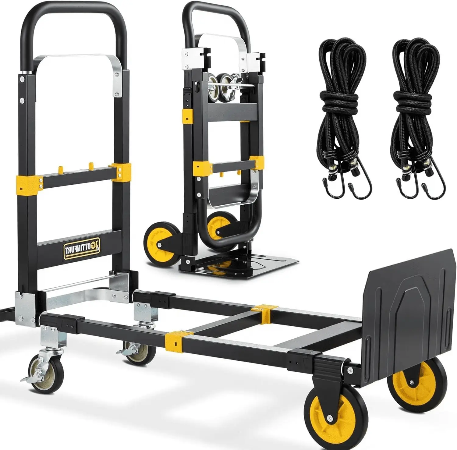New Upgrated Convertible Hand Truck Dolly 3-In-1, Heavy Duty Hand Dolly Cart 500LB Capacity Foldable with Rubber Brake-Wheels, Anti-Slip Strip and 2 Elastic Ropes