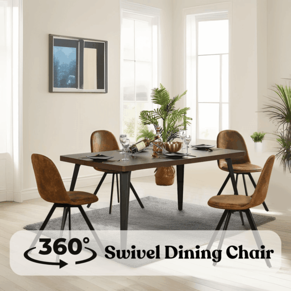 Homycasa 5-Piece Mid-Century Dining Set, 63" Rectangular Table & 4 Swivel Upholstered Chairs (Fabric/Suede), Sturdy Metal Frame, Perfect for Kitchen, Dining Room, Office, or Restaurant (Brown & Brown) - Image 2