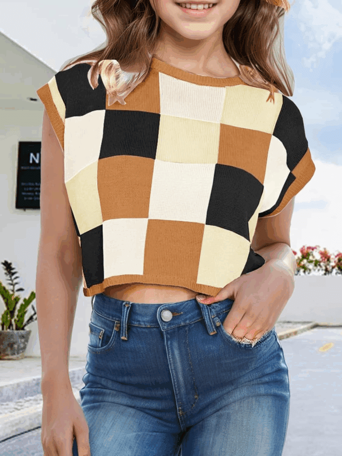Girls Summer Crop Tops Spring Vest Cute Tanks Cap Sleeve Colorblock Tee Loose Kids Fall Knit Top - Image 2