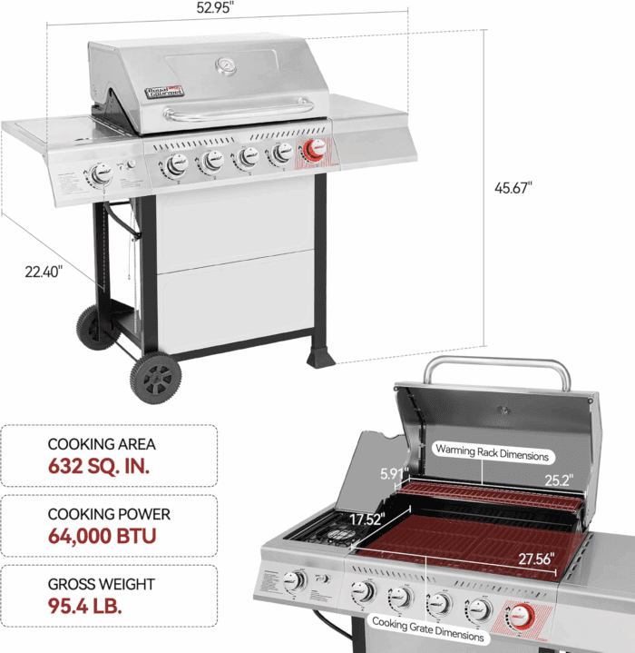 GA5401T 5-Burner Propane Gas Grill with Sear Burner and Side Burner, Stainless Steel BBQ Grill with 632 Sq. In. Grilling Area for Outdoor Barbecue Cooking, 64,000 Btus, Silver - Image 2