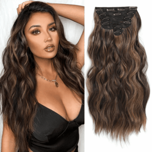 Clip in Hair Extensions for Women, 6PCS Long Wavy Curly Clip on Hair Extensions 20 Inch Dark Roasted Coffee Mixed with Caramel Brown Synthetic Hairpieces