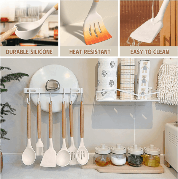 Kitchen Cooking Utensils Set, 33 Pcs Non-Stick Silicone Cooking Kitchen Utensils Spatula Set with Holder, Wooden Handle Silicone Kitchen Gadgets Utensil Set (Khaki) - Image 6