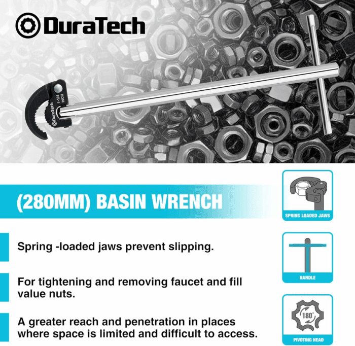 11" Basin Wrench, Sink Wrench, Adjustable Tap Nut Spanner Basin Spanner, Capacity of 3/8" to 1-1/4" for Fixing Back and Union Nuts under Sink - Image 3