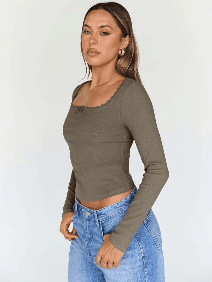 Womens Long Sleeve Shirts Crop Square Neck Ribbed Tops Basic Slim Fit Y2K Fall Winter Clothes Outfits 2025 - Image 3