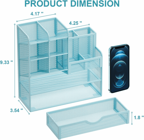 Mesh Pen Holder for Desk, Multi-Functional Pencil Organizer with Drawer, Desk Organizers and Accessories for Office Art Supplies (Blue) - Image 4