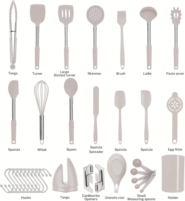 Kitchen Utensils Set-Silicone Cooking Utensils-35 Kitchen Gadgets & Spoons for Nonstick Cookware-Silicone and Stainless Steel Spatula Set-Best Kitchen Tools, Useful Pots and Pans Accessories (Khaki) - Image 4
