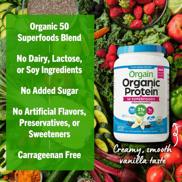 Organic Vegan Protein + 50 Superfoods Powder, Vanilla Bean - 21G Plant Based Protein, 8G Prebiotic Fiber, No Lactose Ingredients, Gluten Free, No Added Sugar, Non-Gmo, 2.02 Lb - Image 6