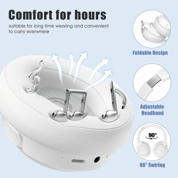 Bluetooth Headphones over Ear, 65H Playtime and 6 EQ Music Modes with Microphone,Hifi Stereo Foldable Lightweight Wireless Headset,Deep Bass for Home Office Cellphone PC Etc.(White) - Image 4