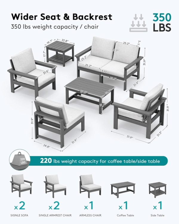 HDPE Outdoor Patio Furniture Set, 7-Piece Outdoor Sectional Patio Conversation Set, All Weather Outdoor Couch Set Patio Sofa Set for Deck, Lawn, Grey Frame with Khaki Cushion - Image 3