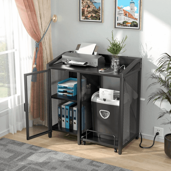 File Cabinet with Paper Shredder Stand on Wheel, Modern Vertical Filing Cabinet with Socket and USB Charging Port, Large Printer Stand with Adjustable Storage Shelf Rack for Home Office, Black - Image 2
