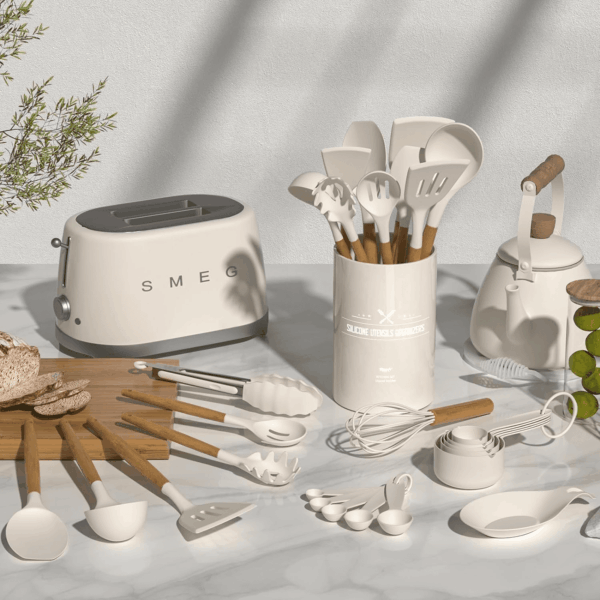 Kitchen Cooking Utensils Set, 33 Pcs Non-Stick Silicone Cooking Kitchen Utensils Spatula Set with Holder, Wooden Handle Silicone Kitchen Gadgets Utensil Set (Khaki) - Image 2