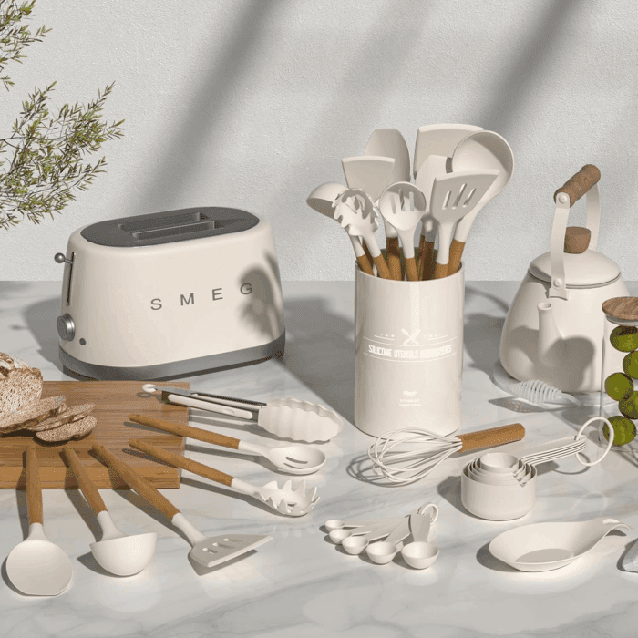 Kitchen Cooking Utensils Set, 33 Pcs Non-Stick Silicone Cooking Kitchen Utensils Spatula Set with Holder, Wooden Handle Silicone Kitchen Gadgets Utensil Set (Khaki) - Image 2