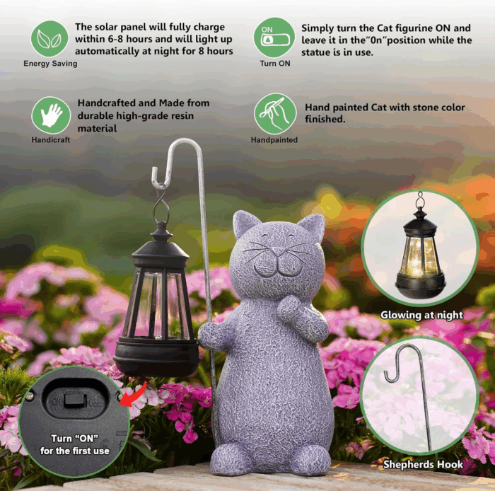 Garden Decor Solar Statues: Mothers Day Birthday Gifts for Mom Grandma Women Sister Wife Lady Lover - Front Patio Balcony Yard Art Lawn Ornaments Porch Outdoor outside Decorations (Cat) - Image 4