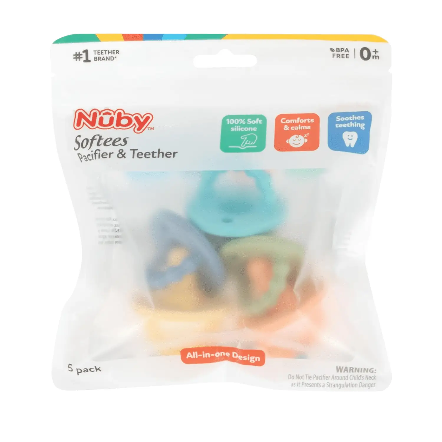 Silicone Softees Pacifier and Teethers - (5-Pack) Silicone Baby Pacifiers and Teethers - 0+ Months - Assorted Colors - Image 6