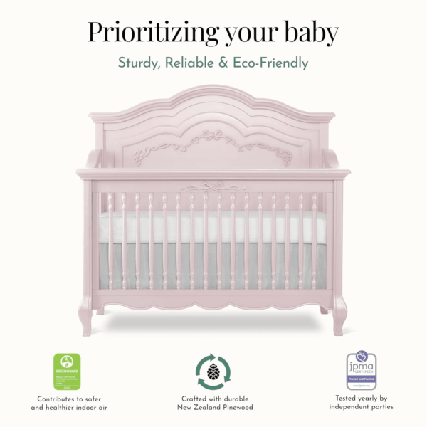 Aurora 5-In-1 Convertible Crib in Dusty Rose, Greenguard Gold Certified, Features 3 Mattress Height Settings, Sturdy and Spacious Baby Crib, Wooden Furniture - Image 4