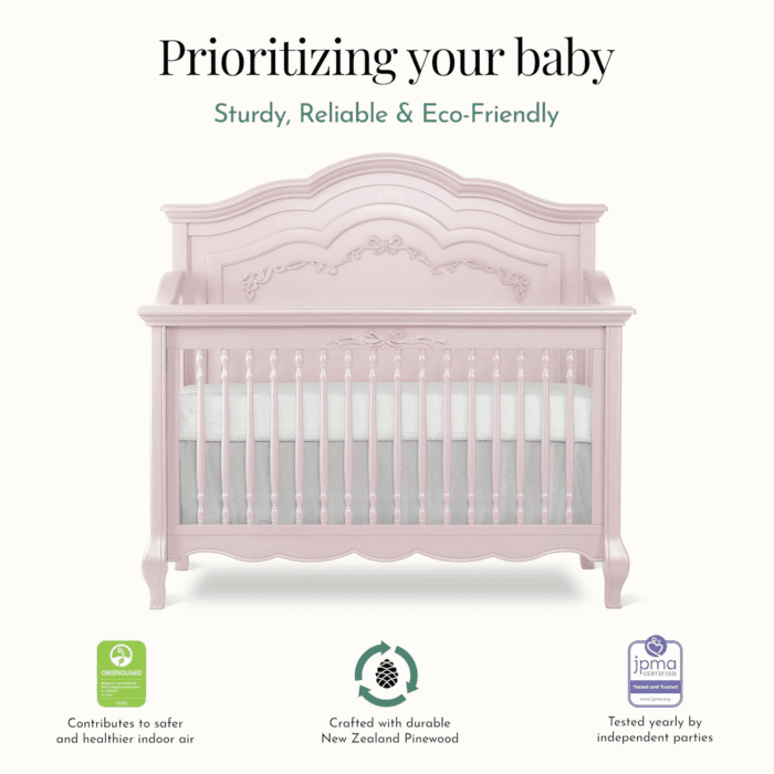 Aurora 5-In-1 Convertible Crib in Dusty Rose, Greenguard Gold Certified, Features 3 Mattress Height Settings, Sturdy and Spacious Baby Crib, Wooden Furniture - Image 4