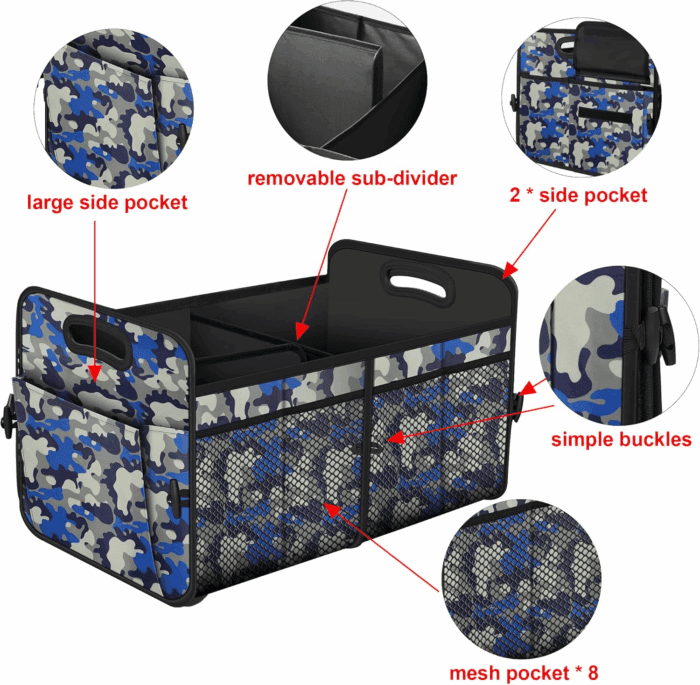 Car Trunk Organizer with 72L Large Capacity Waterproof Collapsible and 11 Pockets, Trunk Organizer for Car Suv/Jeep/Sedan, Large Size, Blue Camouflage - Image 5