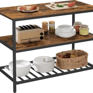 Kitchen Island with 3 Shelves, 47.2 Inches Width Kitchen Shelf with Large Worktop, Stable Steel Structure, Industrial, Easy to Assemble, Rustic Brown and Black UKKI01BX