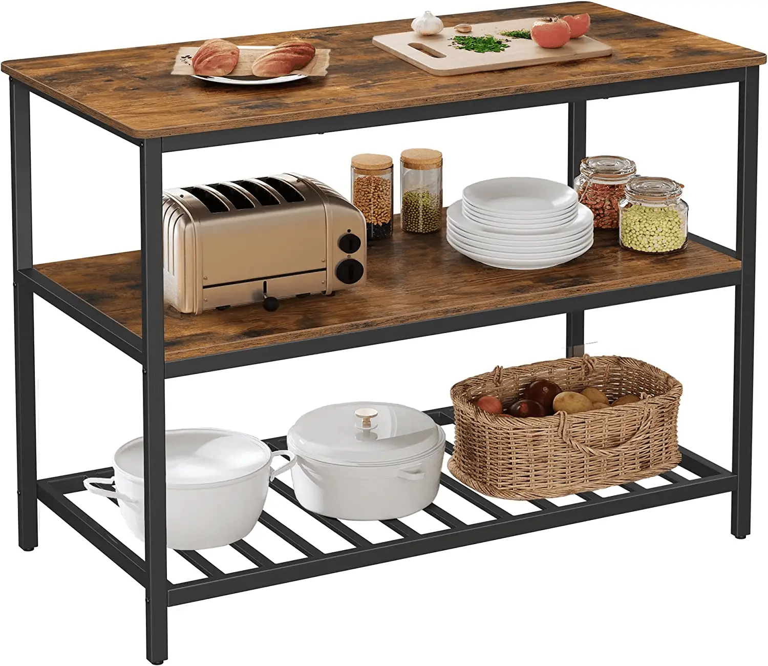 Kitchen Island with 3 Shelves, 47.2 Inches Width Kitchen Shelf with Large Worktop, Stable Steel Structure, Industrial, Easy to Assemble, Rustic Brown and Black UKKI01BX