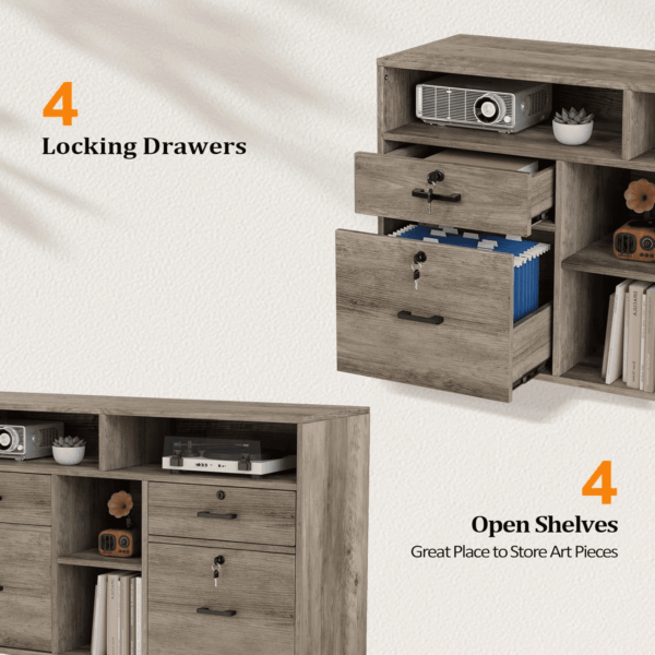 Wide 4 Drawer File Cabinet with Lock, Rustic Grey Rolling File Cabinet with Open Shelves, Lockable Printer Stand, Letter Sized - Image 4