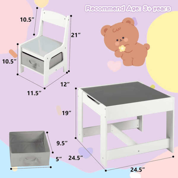 Kids Wood Table & 2 Chairs Set, 3 in 1 Children Activity Table W/Storage, Removable Tabletop, Blackboard, 3-Piece Toddler Furniture Set for Art, Crafts, Drawing, Reading, Playroom, Grey - Image 9