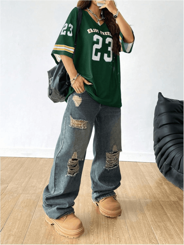 Jersey Shirts for Women Oversized T-Shirt Jersey Top Graphic V Neck T-Shirts for Teen Girls Casual Football Tee Tops Green Letter Medium - Image 5